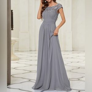 Ever Pretty Gray Lace Bodice Chiffon Evening Gown